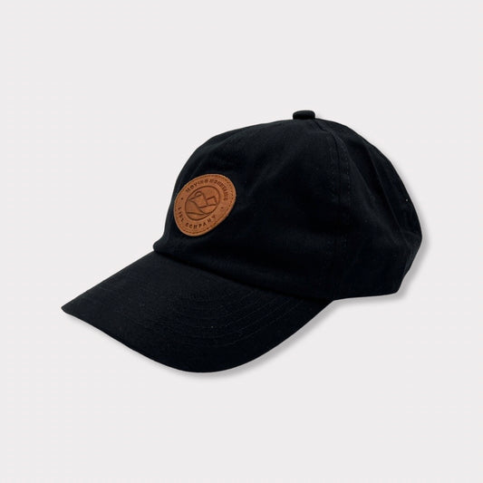 Recycled Collection Black Kids and Adult Baseball Hat with Leather Patch Angle