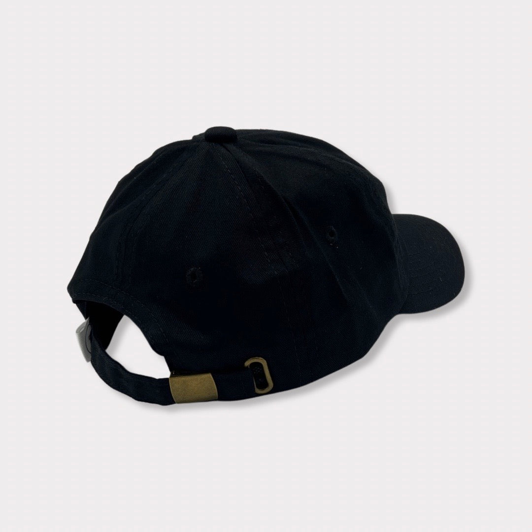 Recycled Collection Black Kids and Adult Baseball Hat with Leather Patch Angle  - Brass Clip Back