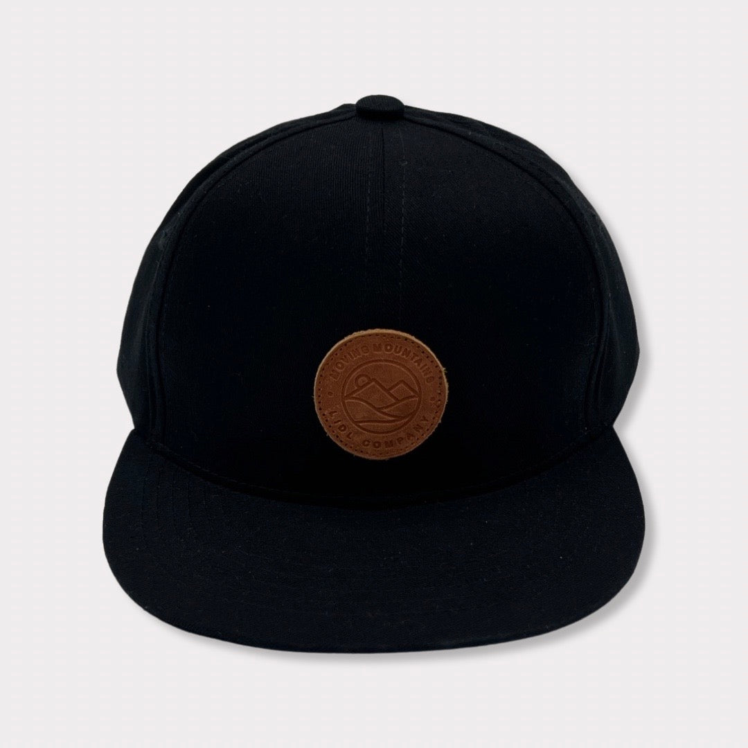 Recycled Collection Black Kids and Adult Flatbill Hat with Leather Patch Front