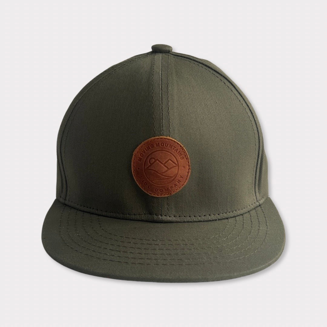 Recycled Collection Earthy Green Kids Flatbill Hat with Leather Patch Front