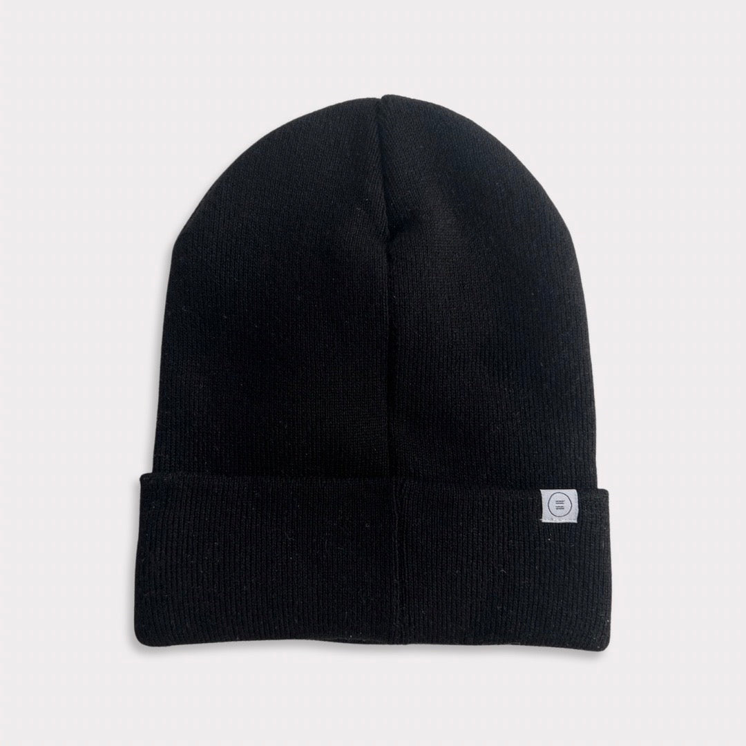 Soft 100% Recycled Polyester Black Adult Beanie with Vegan Leather Patch Back