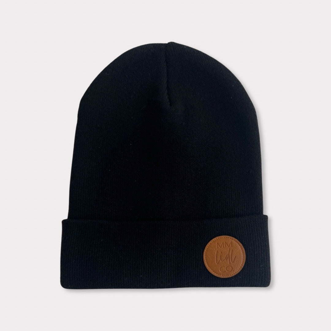 Soft 100% Recycled Polyester Black Adult Beanie with Vegan Leather Patch Front