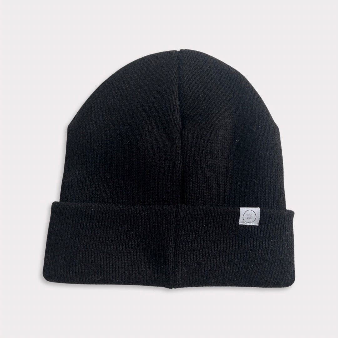 Soft 100% Recycled Polyester Black Kids Beanie with Vegan Leather Patch Back