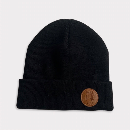 Soft 100% Recycled Polyester Black Kids Beanie with Vegan Leather Patch Front