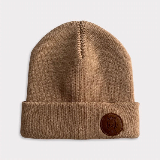 Soft 100% Recycled Polyester Carmel Tan Kids Beanie Front